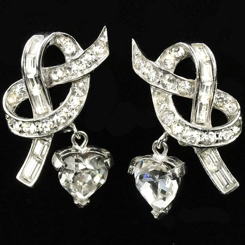 Boucher Pave and Baguettes Bowknot with Pendant Hearts Clip Earrings