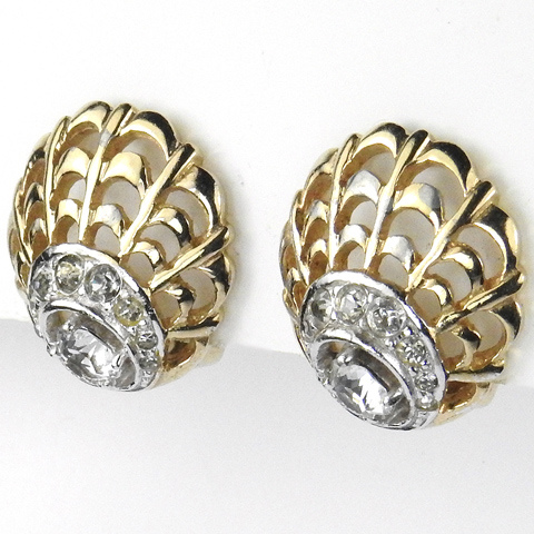 MB Boucher Gold and Pave Openwork Sunbursts Button Clip Earrings