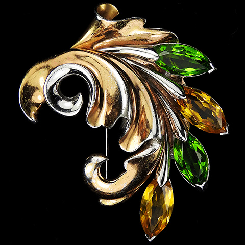 MB Boucher Gold and Silver Peridot and Citrine Navettes Floral Bow Spray Pin