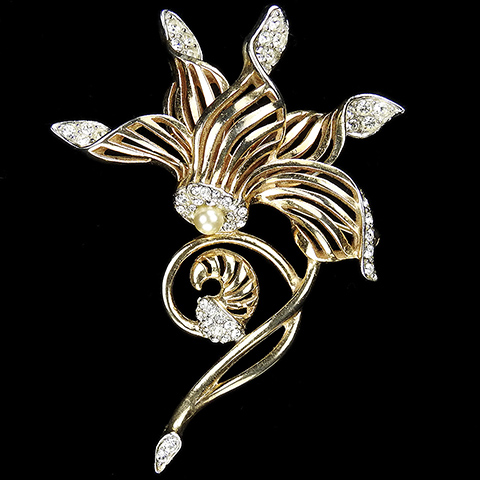 Boucher 'Jewels of Fantasy' Gold Openwork Pave and Pearl 'Cyclamen Blossom' Flower Pin