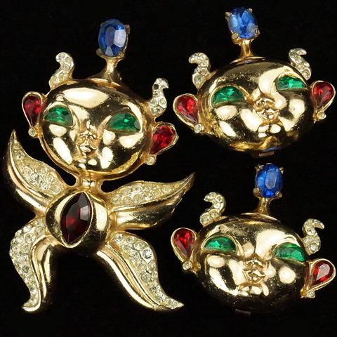 Corocraft Sterling Chen Yu 'Lucky Devil' Jewelry Pixie (or Moonman) Pin and Clip Earrings Set