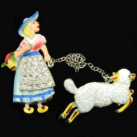 Coro Pave and Enamel Mary Had a Little Lamb Nursery Rhyme Chatelaine Pins