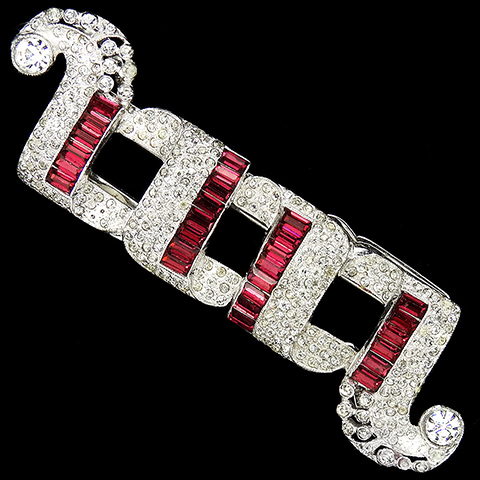 Coro Pave and Invisibly Set Rubies Double Deco Openwork Rectangles with Scrolls Dress Clips Duette