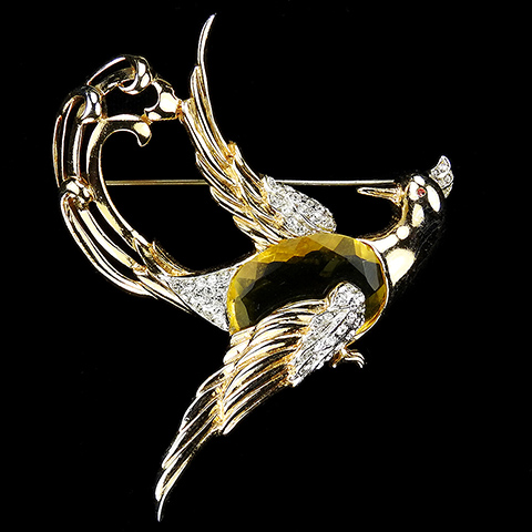 Corocraft Gold Pave and Oval Cut Citrine Flying Bird of Paradise Pin