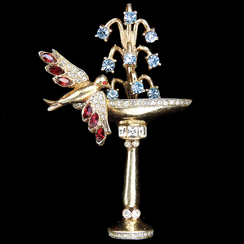 Corocraft Sterling Gold Pave Ruby and Blue Topaz Bird in a Birdbath Water Fountain Pin