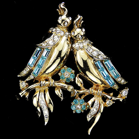 Corocraft Gold Pave and Aquamarine Baguettes Lovebirds Pin Clip Bird Duette