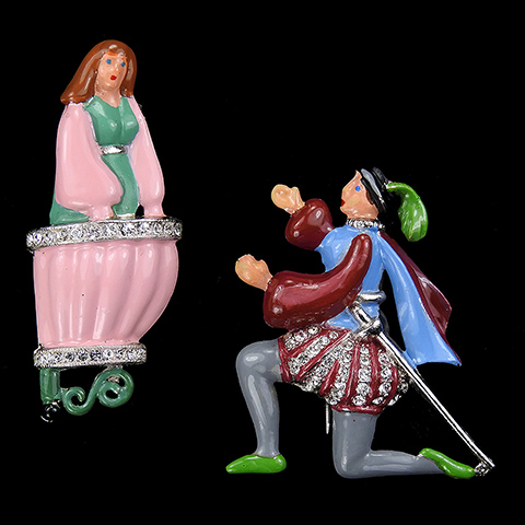 Coro 'Adolph Katz' Pave and Enamel Romeo On One Knee and Juliet on a Balcony Theatre Scene Pair of Pin Clips
