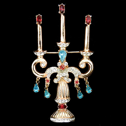Coro Gold Pave and Multicolour Stones Candelabra with Pendants Pin