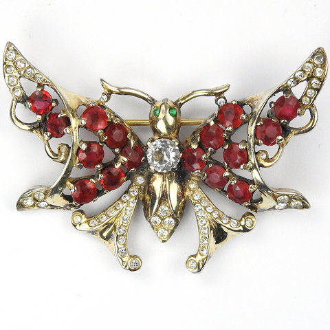 Castlecliff Sterling Gold Pave Emeralds and Rubies Butterfly Pin