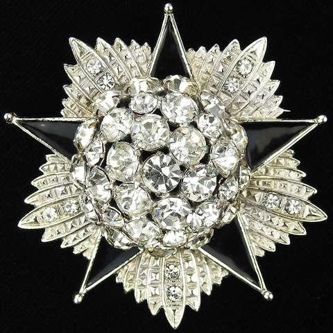 Fred Block Pave Diamante and Black Enamel Five Pointed Star Atomic Starburst Pin 
