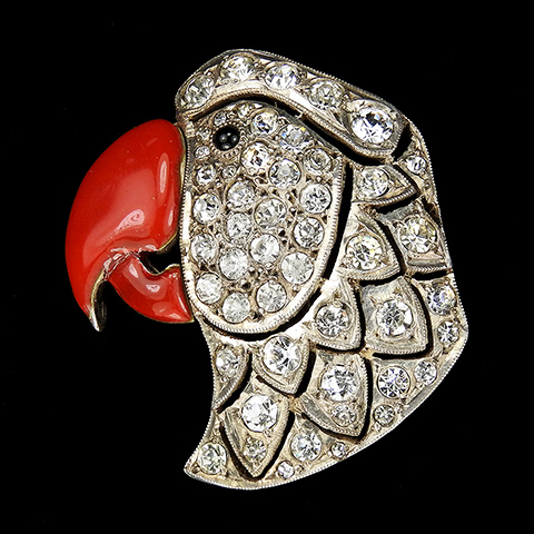 Deco French Sterling Pave Openwork Parrot Head with Red Enamelled Beak Bird Pin