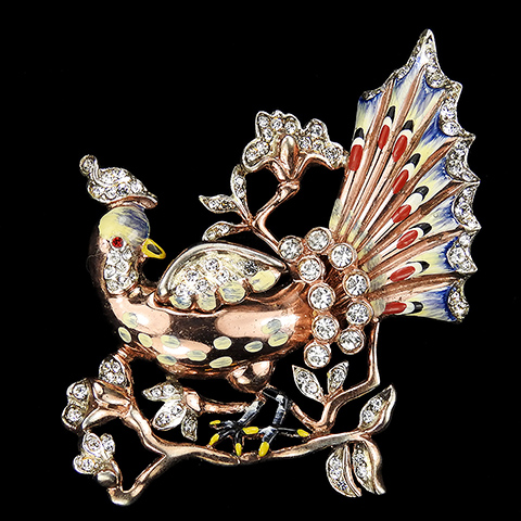 Anthony Sterling Gold Pave and Enamel Peacock on Branch Bird Pin