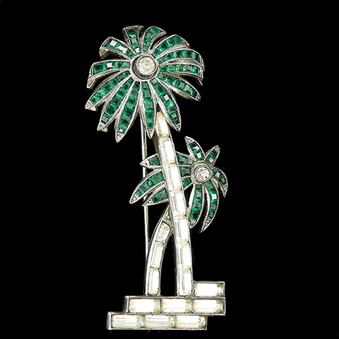 Germany Sterling Deco Diamante Baguettes and Openbacked Emeralds Double Palm Tree on Tropical Island Pin