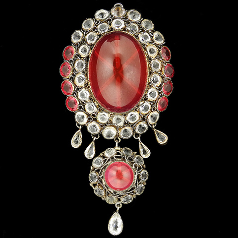 Hobe Star Ruby Gold Filigree Openwork Oval and Multiple Pendants Pin or Necklace Pendant