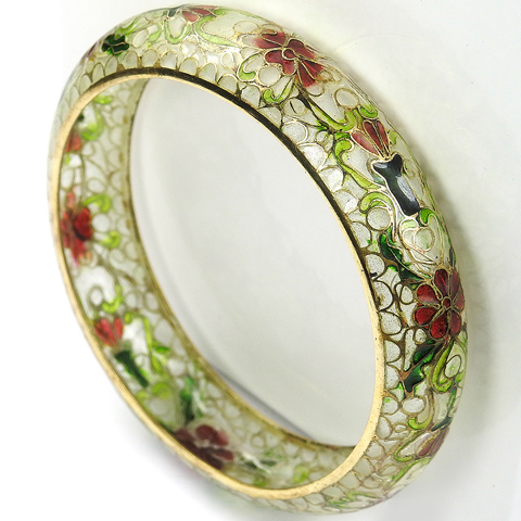 Art Nouveau Plique a Jour Pink Flowers and Green Leaves Bangle Bracelet
