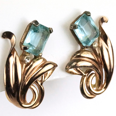 Pennino Sterling Gold and Aquamarine Floral Swirl Screwback Earrings