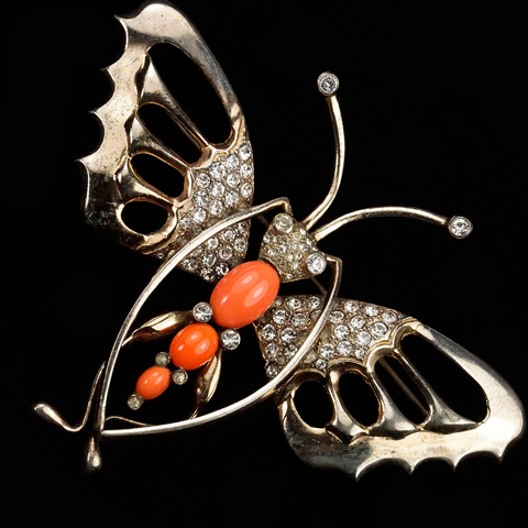 Nettie Rosenstein Sterling Gold Pave and Coral Giant Butterfly Pin