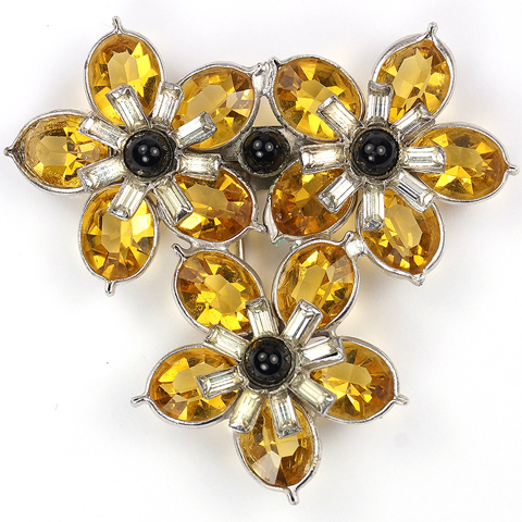 Pennino Citrine Pointed Petals Flowers and Baguettes Triple Floral Spray Pin Clip