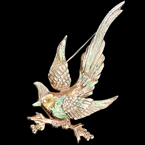 Nettie Rosenstein Sterling Gold Pave and Enamel Crested Bird of Paradise on a Branch Pin