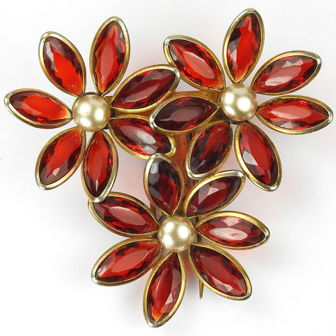 Gold Ruby and Pearls Three Flower Floral Spray Pin Clip