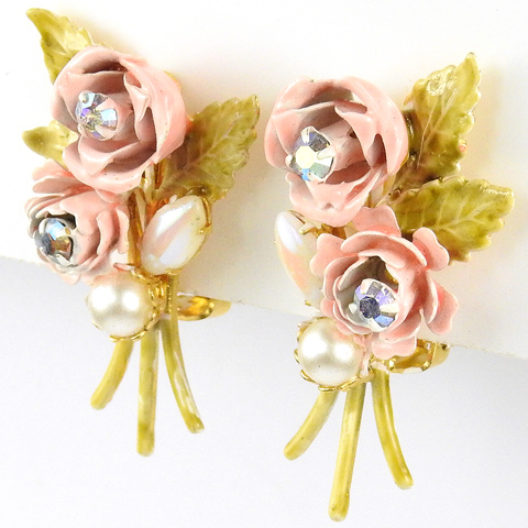 Robert Pink Roses and Pearls Clip Earrings