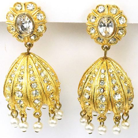 Vintage KJL Gold Pave and Pearls Pendant Bells Clip Earrings