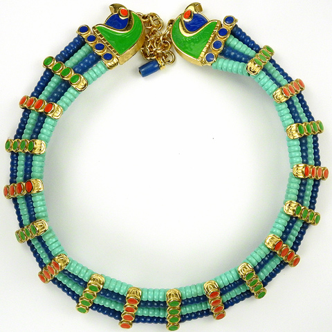 Hattie Carnegie Egyptian Revival Falcon Heads Lapis and Turquoise Choker Necklace