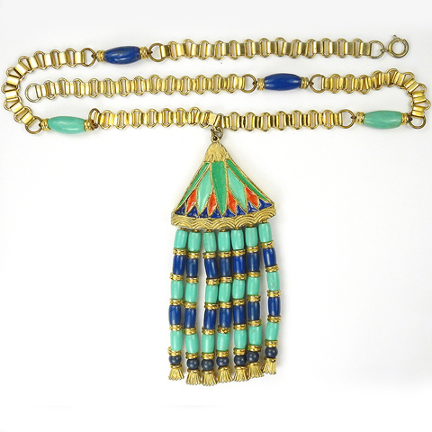 Hattie Carnegie Egyptian Revival Turquoise Lapis and Enamel Seven Pendant Necklace