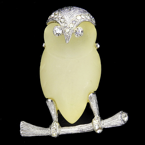 Hattie Carnegie Yellow Poured Glass Owl on a Branch Pin