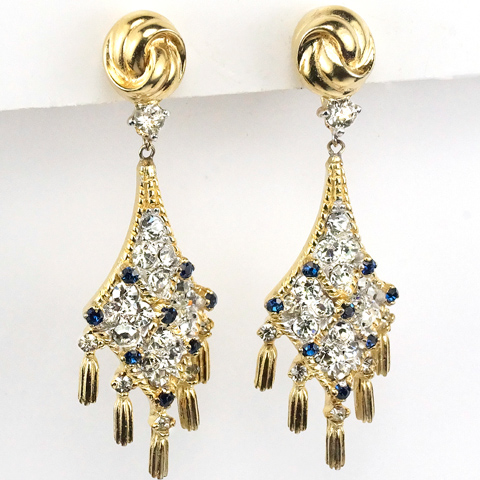 Jomaz Gold Tassels Pave and Sapphires Diamond Pattern Pendant Screwback Clip Earrings