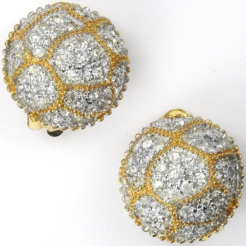 Jomaz Gold Braids and Irregular Pave Shapes Hemisphere Button Clip Earrings 