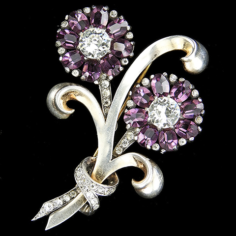 Mazer Sterling Pave Bow Swirls and Two Amethyst Flowers Floral Spray Pin
