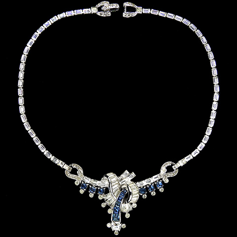 Mazer 'Silver Christina' Invisibly Set Sapphires and Baguette Swirls Deco Necklace