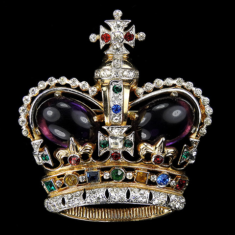 Mazer Gold Pave and Amethyst Cabochons Elizabeth II Coronation Large Royal St Edward's Crown Pin
