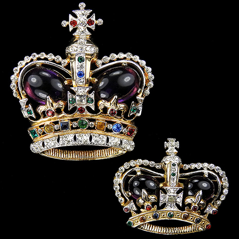 Mazer Gold Pave and Amethyst Cabochons Elizabeth II Coronation Pair of Large St Edward's and Small Royal Crown Pins
