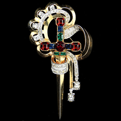 Mazer Gold Pave and Tricolour Stones 'The Swordsman' Sword in Sheath Pin