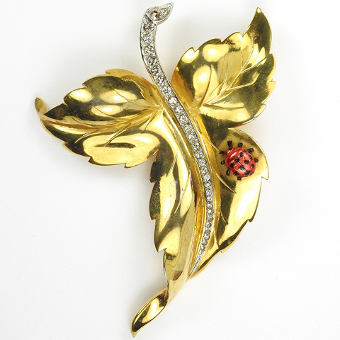 Mazer Gold and Pave Leaf with Enamelled Ladybug Pin Clip