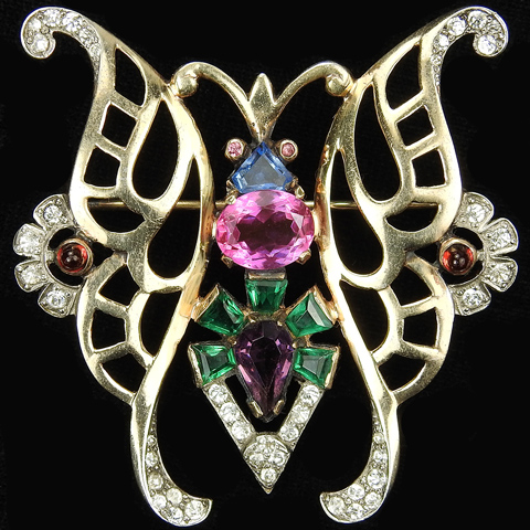 Mazer Sterling Gold Pave Pink Topaz and Multicolour Stones Butterfly Pin