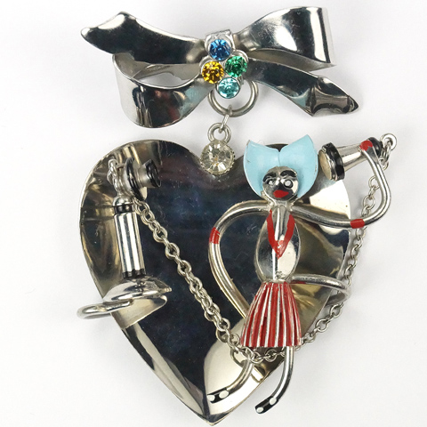 Deco Valentine Spangled Bow and Pendant Heart with Girl Speaking on a Vintage Candlestick Telephone Pin