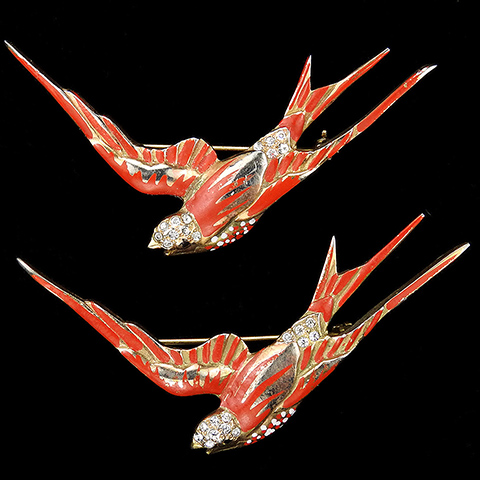 Deja Gold and Red Enamel Pair of Swooping Swallows Bird Pins