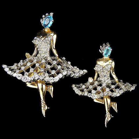 Reja Gold Pave and Aquamarine Pair of Large and Smaller Ballerina Pins