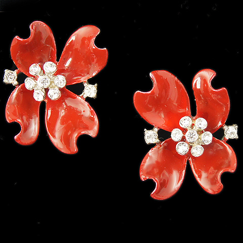 Trifari 'Alfred Philippe' Red Enamelled Dogwood Flowers Clip Earrings