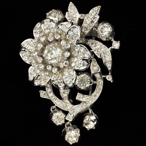 Trifari 'Alfred Philippe' Pave Rose on Branch with Three Pendant Buds Pin Clip