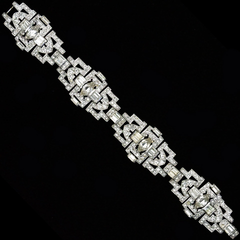 KTF Trifari 'Alfred Philippe' Pave Baguettes and Navettes 1930s Jewels of India Four Element Link Bracelet