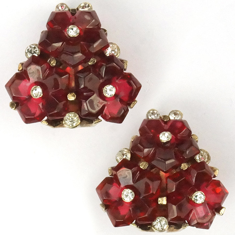 Trifari 'Alfred Philippe' 'Fleur de Paris' Ruby Fruit Salad Pyramid Clip Earrings