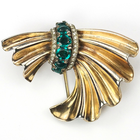 Trifari Sterling 'Alfred Philippe' Emeralds and Golden Swag Bow Swirl Pin Clip