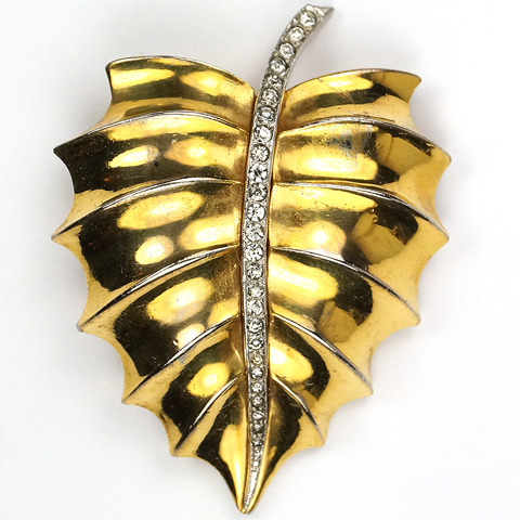Trifari 'Alfred Philippe' Golden Leaf with Pave Stem Pin Clip