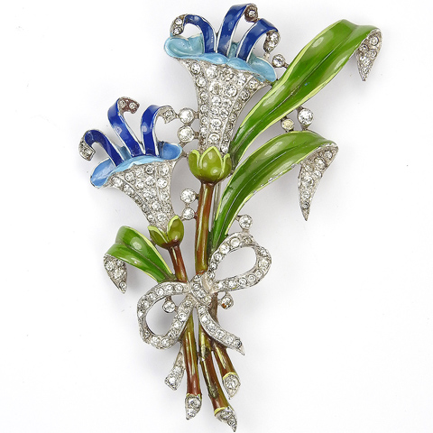 Trifari 'Alfred Philippe' Pave and Enamel Two Lillies with Blue Stamens and Pave Bow Floral Spray Pin