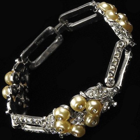 Trifari 'Alfred Philippe' Pave Rectangles and Pearl Shoebutton Clusters Bracelet