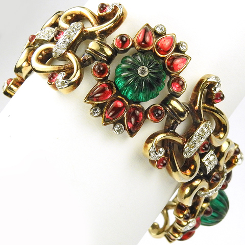 Trifari 'Alfred Philippe' Gold Ruby and Melon Cut Emerald Wide Moghul Link Bracelet